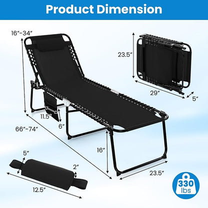 GYMAX Lounge Chairs for Outside, Extra High Folding Beach Tanning Lounger with Adjustable Backrest, Footrest & Removable Pillow, Sunbath Lounge for Patio, Lawn, Poolside (2, Black with Side Pocket)