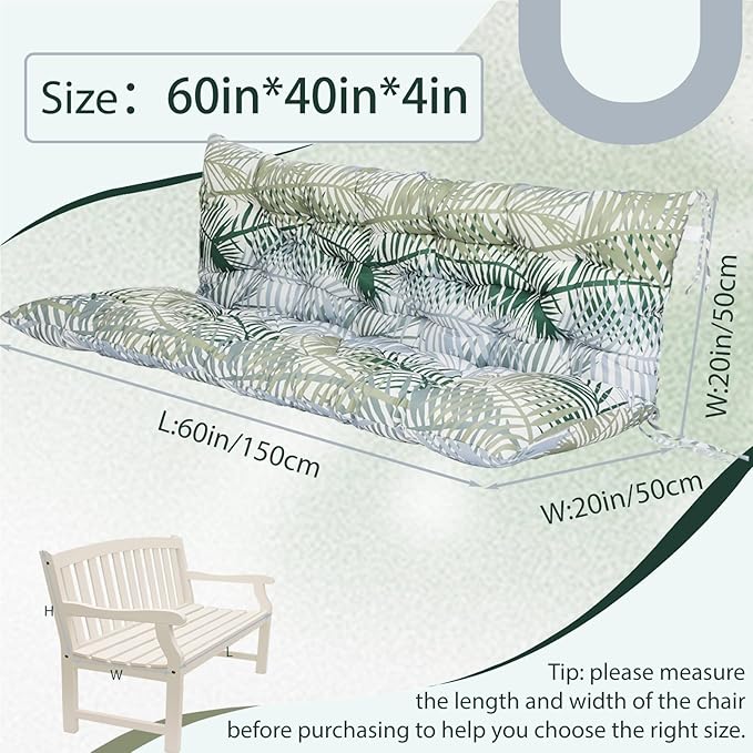 2/3 Seater Swing Replacement Cushion, Waterproof Porch Swing Cushions with Backrest, Thickened Bench Cushions for Outdoor Furniture, for Outdoor Patio Swing (Hawaii, 60 * 40 in)
