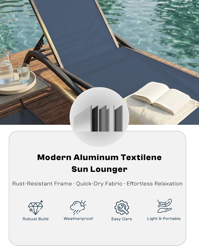 3-Piece Patio Chaise Lounge Set with Side Table, Set of 2 Adjustable Pool Chairs and Aluminum Bistro Table, All-Weather Outdoor Furniture for Pool Deck, Patio & Tanning, Navy Blue