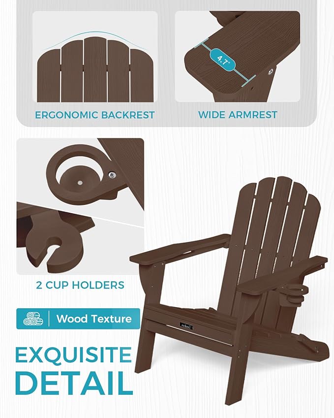 Adirondack Chairs Set of 6, Fire Pit Chairs, Wood Texture Patio Chairs with 2 Cup Holder, Outdoor Lawn Chair, Brown