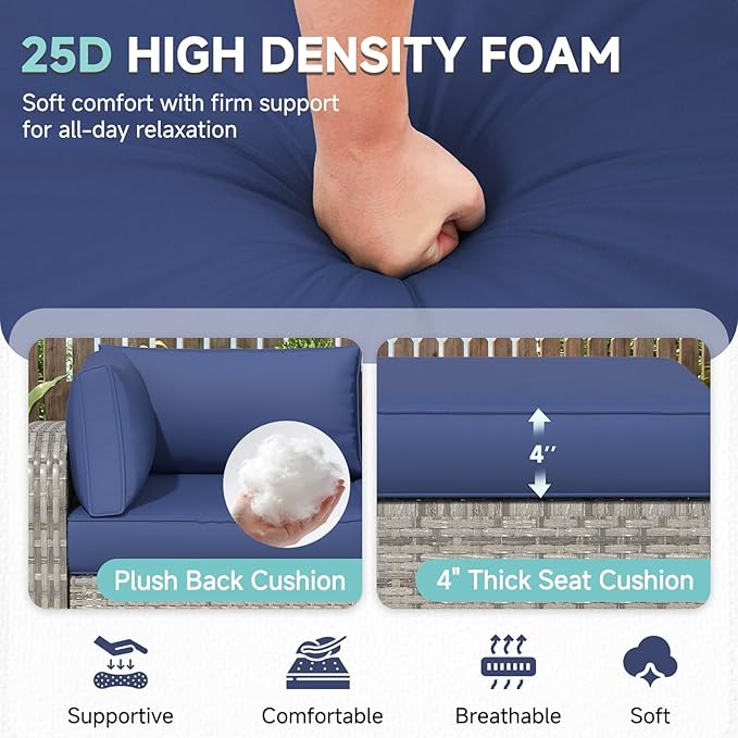 HOMREST Outdoor Sectional Cushions Set of 9, Waterproof Patio Furniture Cushions for 4-Seat Rattan Wicker Sofa, Deep Seat Couch Cushions with Non-Slip Bottom & Machine Washable Covers, Navy Blue
