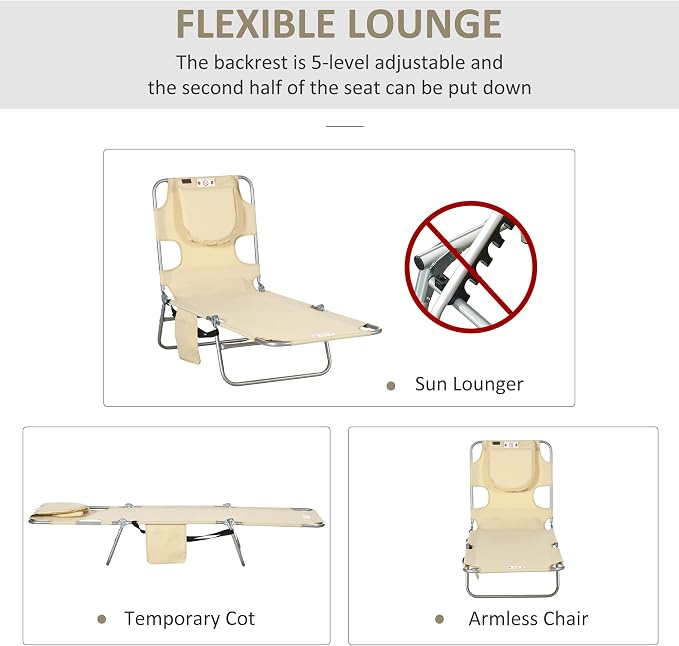 Outsunny Chaise Lounge Chair Outdoor with Face Arm Hole, 5-Position Reclining Face Down Tanning Chair with Carry Strap, Side Pocket, Portable Folding Bed Cot for Patio Beach Pool, Beige