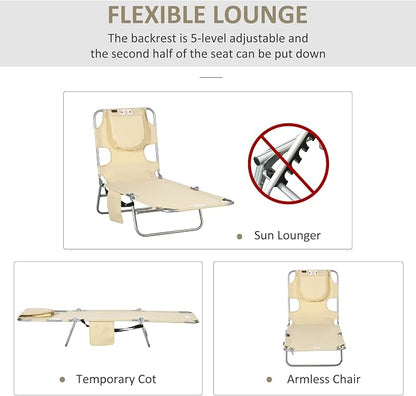 Outsunny Chaise Lounge Chair Outdoor with Face Arm Hole, 5-Position Reclining Face Down Tanning Chair with Carry Strap, Side Pocket, Portable Folding Bed Cot for Patio Beach Pool, Beige