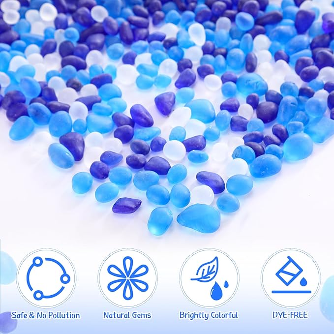 Sea Glass Stones, 3.3LB Decorative Frosted Glass Pebbles Gemstones - Suitable for Aquarium Rocks, Fish Tank Gravel, Vase Fillers, DIY Crafts, and Home Decor(Blue)
