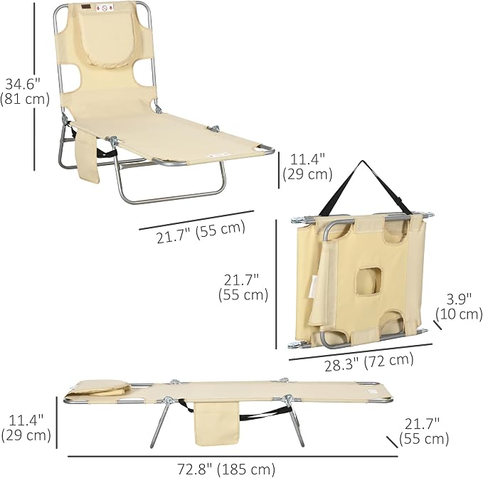 Outsunny Chaise Lounge Chair Outdoor with Face Arm Hole, 5-Position Reclining Face Down Tanning Chair with Carry Strap, Side Pocket, Portable Folding Bed Cot for Patio Beach Pool, Beige