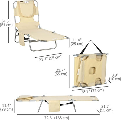 Outsunny Chaise Lounge Chair Outdoor with Face Arm Hole, 5-Position Reclining Face Down Tanning Chair with Carry Strap, Side Pocket, Portable Folding Bed Cot for Patio Beach Pool, Beige