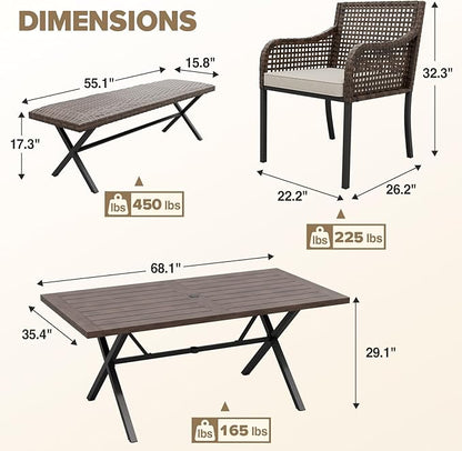 COOS BAY Echo Vibe Patio Dining Set for 6 with 4 Chairs, a Bench and a Table, 6 Piece Outdoor Dining Set, Brown/Beige