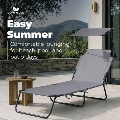 Folding Outdoor Set of 2 Lounge Chairs with Canopy - Portable & Adjustable Beach Lounge Chair - 5-Positions, Carry Handles, 600D Fabric, 220 lbs Capacity – Tanning Chaise Lounge for Beach, Patio, Lawn