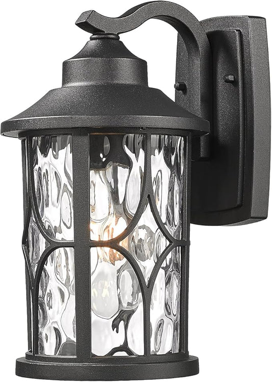 zeyu Modern Outdoor Wall Lights, 12 Inch Exterior Wall Lantern, Cast Aluminum with Water Ripple Glass, Black Finish, ZX48BWG BK