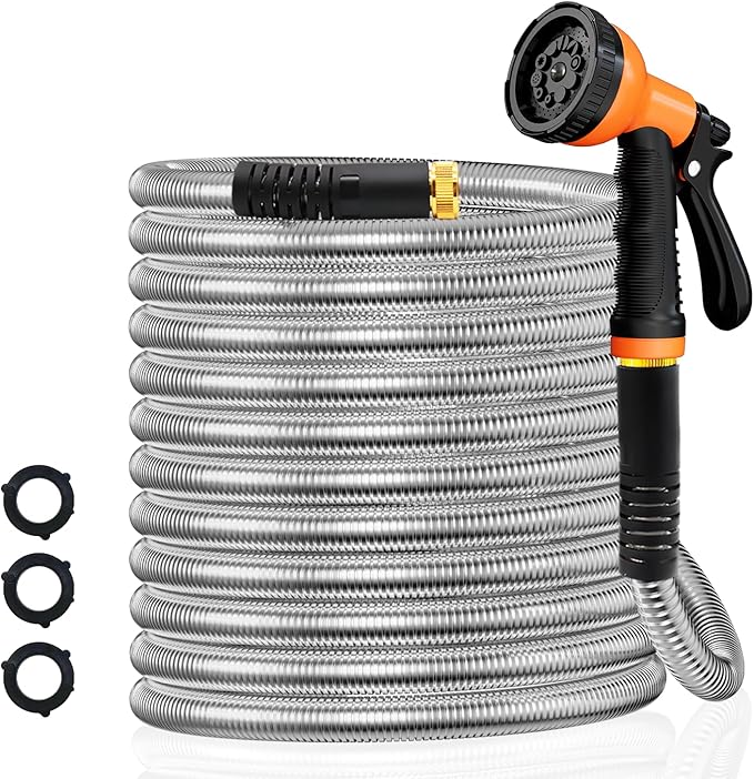 Besiter Garden Hose 50FT Stainless Steel Water Hose with 10 Functions Adjustable Spray Nozzle, Heavy-Duty Metal Garden Hose Flexible Durable No-Tangle & Kink Leak Dog Proof Hose for Yard Lawn(Orange)