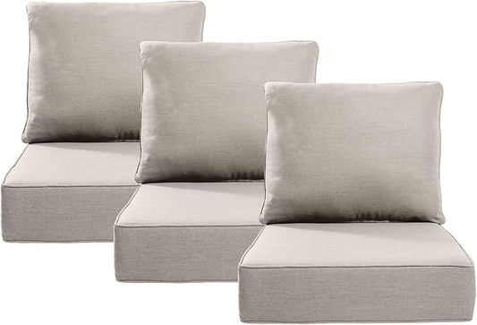 Outdoor Chair Cushions, 6 Inch Thick Patio Seat & Back Cushions Set with Removable Cover, Waterproof Patio Cushions for Outdoor Furniture, 24 x 24 Inch, Beige 3-Set