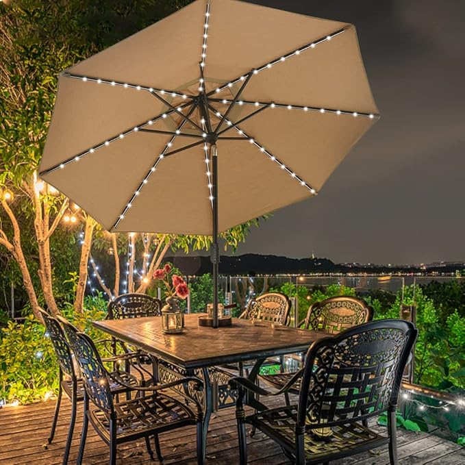 EliteShade USA 10-Year-Non-Fading Solar 9ft Market Umbrella with 80 LED Lights Patio Umbrellas Outdoor Table Umbrella with Ventilation, Heather Beige