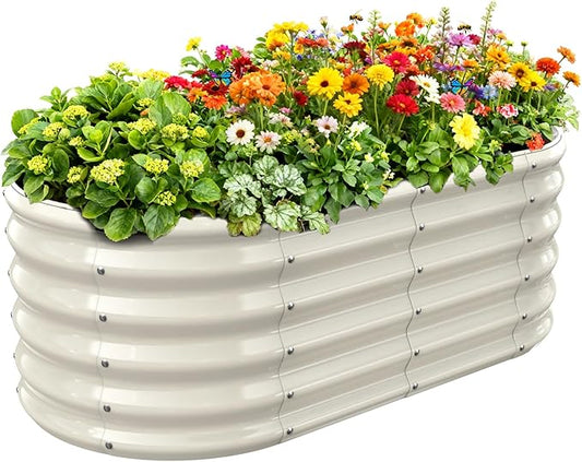 YSEJOMP 17" Tall Outdoor Garden Raised Garden Bed Kits, 4ft X 2ft Oval,0.8MM Thick Metal Raised Planter Bed/Ground Planter Box for Variety of Flowers,Herbs,Vegetables (Cream White, 48X24X16.5 Inches)