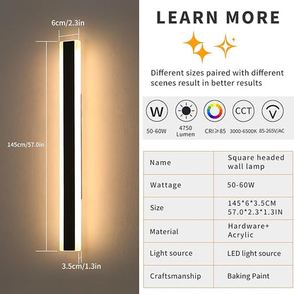 Mikeru Modern Outdoor Wall Light, 3000k-6000k Dimmable Outdoor Wall Sconce 57inch Black Exterior Lights with Remote Control Ip65 Waterproof Anti-Rust Linear Long Porch Lights