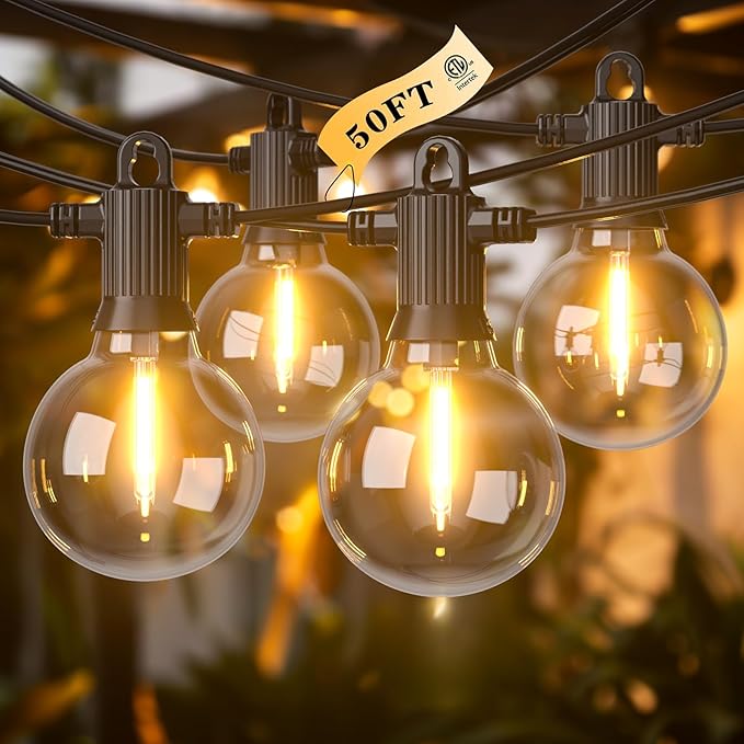 Kawaya Outdoor String Lights 50 FT LED Patio Light with 25+2 Shatterproof Edison Globe Bulbs - IP65 Waterproof Dimmable Hanging Lights - 2700K Warm White Lighting for Outside Porch Deck Bistro Cafe