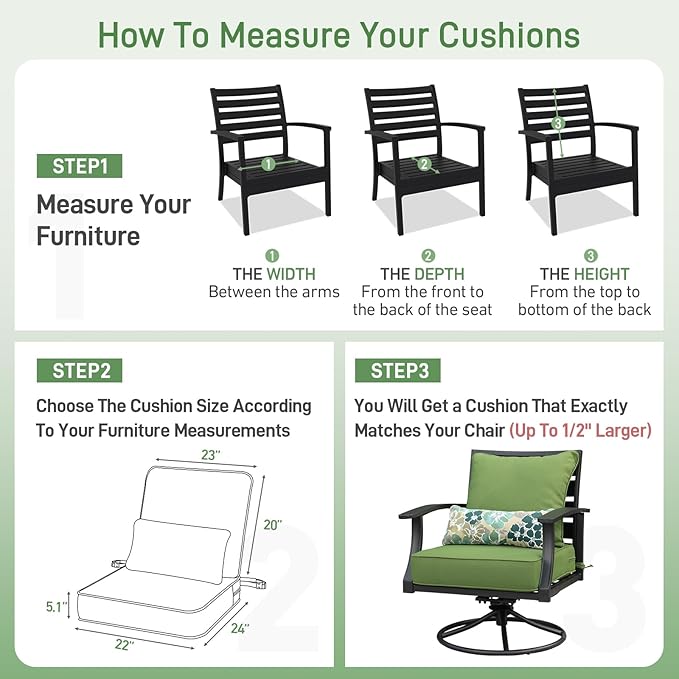 Aoodor Outdoor Chair Cushion, 22 x 24 Inch Water-Resistant, Fade-Resistant Olefin Frbric Patio Seat Cushions with Removable Cover and Adjustable Straps for Outdoor Furniture, Set of 2, Green