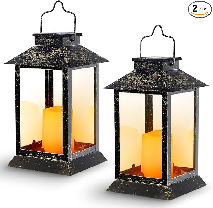 Metal Solar Lanterns Outdoor Waterproof, Hanging Solar Flickering Flame Lights Outdoor for Front Porch Decor, Outdoor Patio, Garden,Balcony,Porch, Christmas, Fall Decor, 2 Pack (Bronze Black)