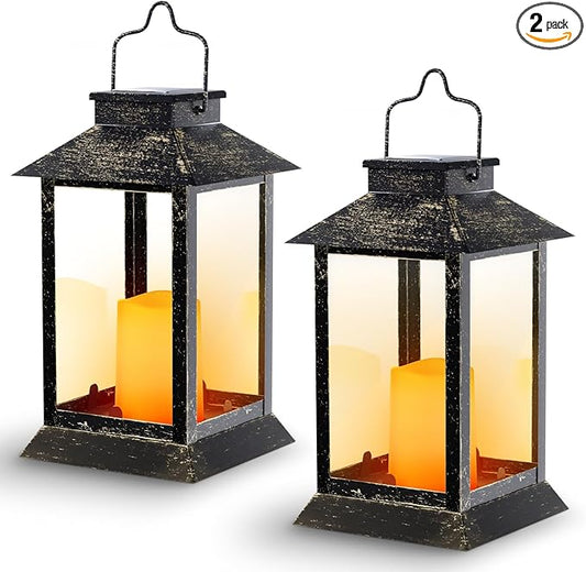 Metal Solar Lanterns Outdoor Waterproof, Hanging Solar Flickering Flame Lights Outdoor for Front Porch Decor, Outdoor Patio, Garden,Balcony,Porch, Christmas, Fall Decor, 2 Pack (Bronze Black)