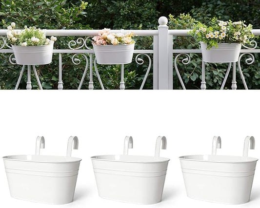 Dahey 3 Pcs 10.5 Inch Metal Iron Hanging Flower Pots for Railing Fence Hanging Bucket Pots Countryside Style Window Flower Plant Holder with Detachable Hooks Home Decor,White
