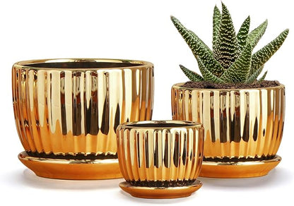 Ton Sin Gold Plant Pots,4.1+5.1+6.5 Inch Ceramic Succulent Planters Set of 3,Indoor Flower Pot with Drainage,Handmade Decorative Ceramic Orchid and Herb Pots(Gold)
