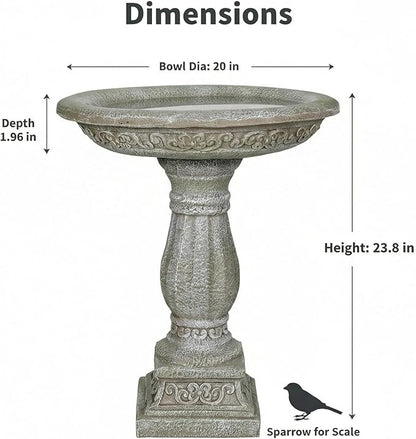 SunJet 23.8 Inch High Concrete Bird Bath with Carved Pedestal – Birdbath Sturdy & Elegant Design, Stone-Like Texture, Attracts Birds and Enhances Garden, Patio, Yard, Lawn Decor
