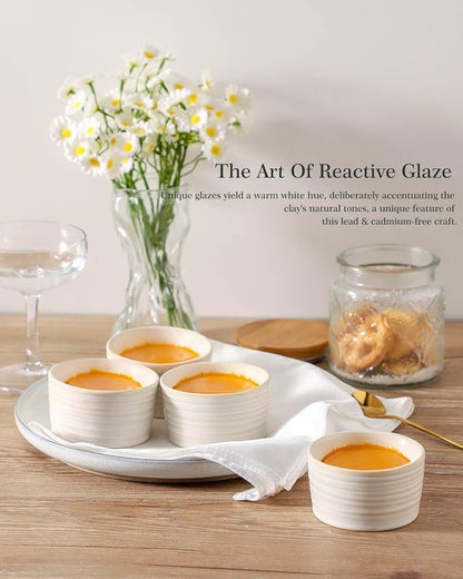 Hasense Ramekins 6 oz, Ceramic Creme Brulee Ramekins Oven Safe, Rustic Souffle Custard Cups for Baking, Dipping, Sauce, Desserts, Ice Cream, Set of 6, Clay-Infused White