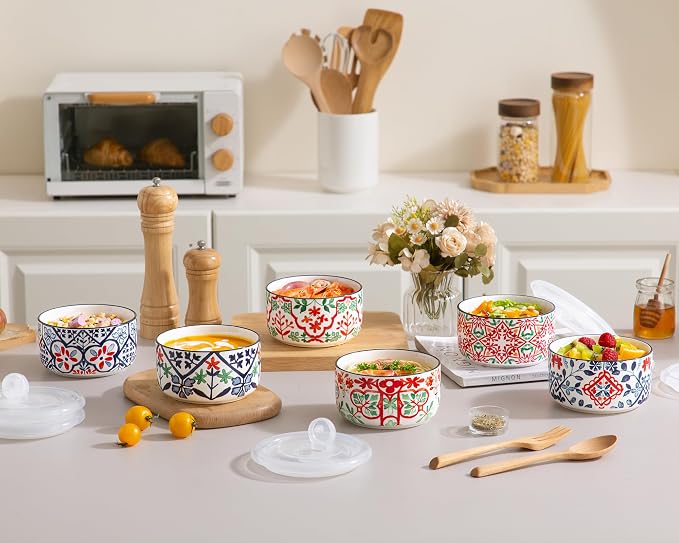 Ceramic Bowl with Lid, Microwave Safe, Set of 6 | Food Storage Containers for Soup, Meal Prep, Cereal, Salad Leftovers - Picnic, Camping, Office Lunch - 20 oz, A-Pattern