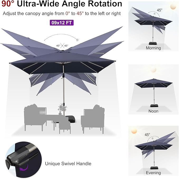 PURPLE LEAF 9' X 12' Left-right Tilting Patio Umbrella with Base Outdoor Swivel Cantilever Offset Aluminum Umbrella with Champagne Frame and 360-degree Rotation for Garden Deck Pool, Navy Blue