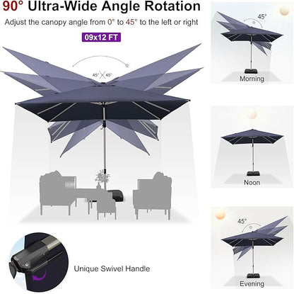 PURPLE LEAF 9' X 12' Left-right Tilting Patio Umbrella with Base Outdoor Swivel Cantilever Offset Aluminum Umbrella with Champagne Frame and 360-degree Rotation for Garden Deck Pool, Navy Blue