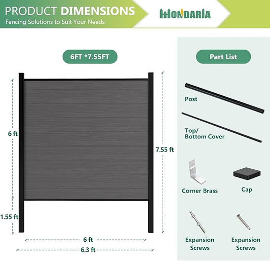 Mondaria Privacy Fence for Outside, 6Ft(W) Outdoor Privacy Panels with 7.6Ft In-ground Post, Wood Plastic Composite Fencing for Patio, Backyard, Garden and Swimming Pool (Silver Gray with 2 Posts)