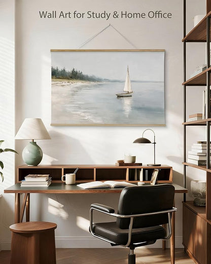 ARPEOTCY Extra Large Vintage Framed Wall Art, 36x54 Inch Coastal Ocean Sailboat Beach Landscape Hanging Canvas Prints Wall Art Decor for Living Room Bedroom, Retro Scenery Pictures Above of Bed