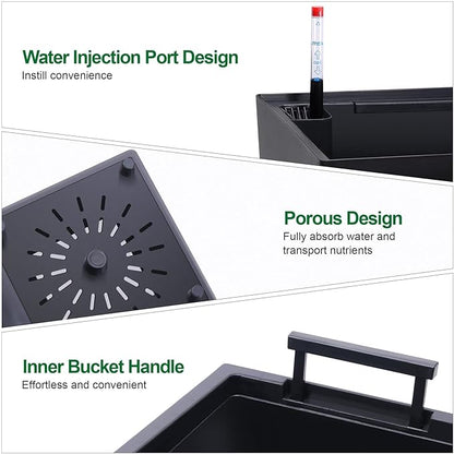 2 Pack Tall Self-Watering Planter Pots with Water Level Indicator, 12"l x 12"w x 22.5"h, Modern Flower Pots with Inner Bucket Handles and Water Injection Port for Indoor Outdoor Plants, Black