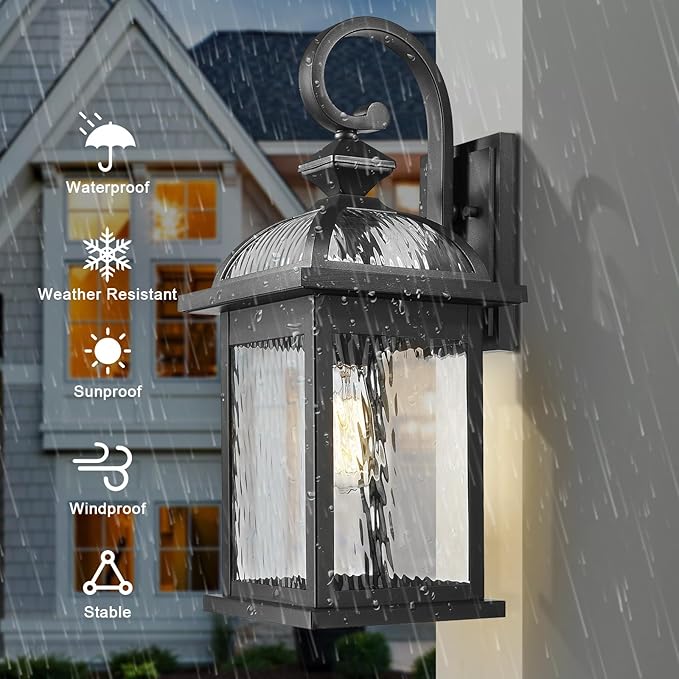 Darkaway Outdoor Lights Fixture Wall Mount, Large 22inch Exterior Wall Light with Water Ripple Glass Waterproof Black Outside Wall Sconce for House Porch Hallway Garage