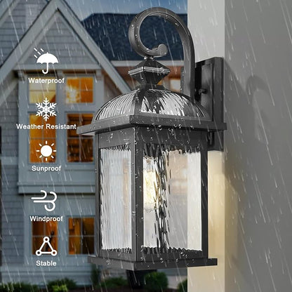 Darkaway Outdoor Lights Fixture Wall Mount, Large 22inch Exterior Wall Light with Water Ripple Glass Waterproof Black Outside Wall Sconce for House Porch Hallway Garage