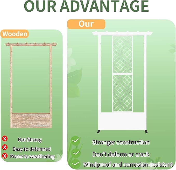 74" Mobile Planter with Trellis,Weatherproof Vertical Raise Garden Bed with Trellis & Hanging Roof for Climbing Plants,Flowers,Vegetables,Rust-Proof Metal Privacy Planter for Patio (White-A)
