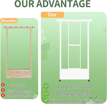 74" Mobile Planter with Trellis,Weatherproof Vertical Raise Garden Bed with Trellis & Hanging Roof for Climbing Plants,Flowers,Vegetables,Rust-Proof Metal Privacy Planter for Patio (White-A)