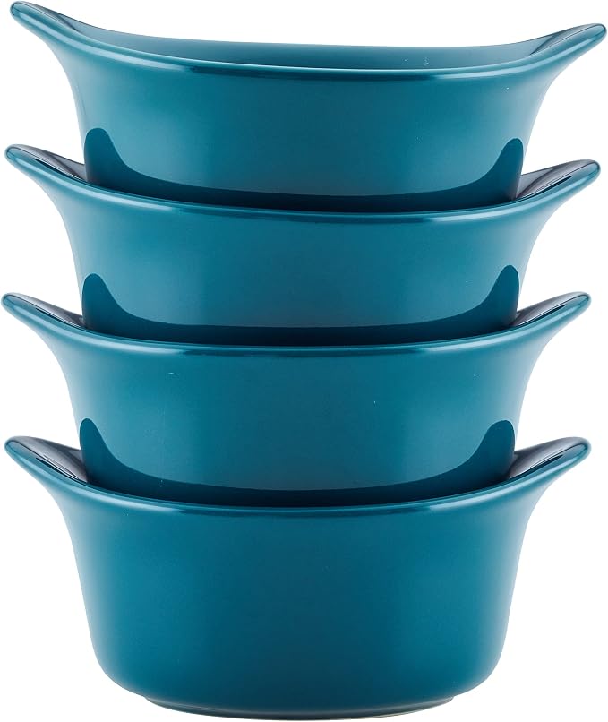 Rachael Ray Solid Glaze Ceramics Round Ramekins/Dipping Cup Set, 4 Piece, Teal