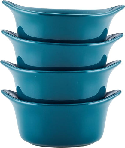 Rachael Ray Solid Glaze Ceramics Round Ramekins/Dipping Cup Set, 4 Piece, Teal