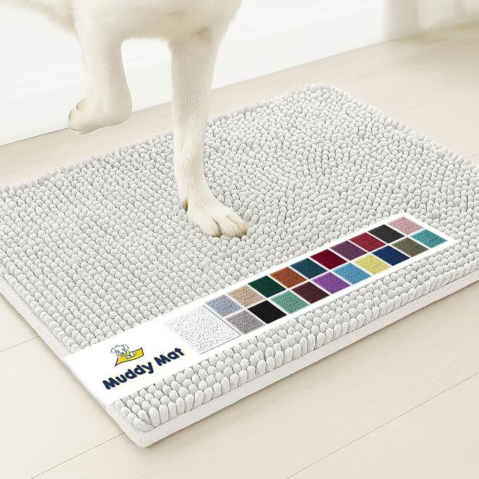 Muddy Mat® | Super Water Absorbent Door Mat Indoor, Microfiber Quick Dry Chenille Entryway Rug, Slip Resistant Front Door Mat, Indoor Mats for Entryway, Machine Washable Pet Rug, White 28"x18"
