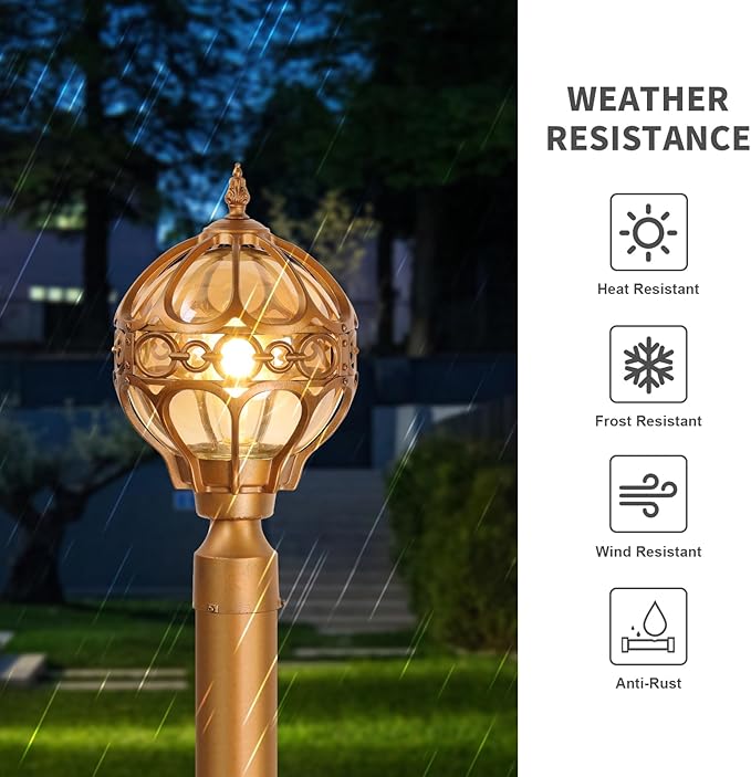 Globe Outdoor Lamp Post Lights for Driveway Yard Patio Garden, Aluminum Waterproof Exterior Pier Mount Lamp, Round Pole Lantern Outside Lawn Post Lighting Fixtures for 3" Pole Fence Deck, 2 Pack
