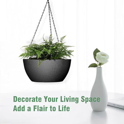 10 inch Hanging Planters for Outdoor Indoor Plants with Drainage Holes and Chain, 2 Pack Round Hanging Flower Pots for Garden Home Porch Decor, Black