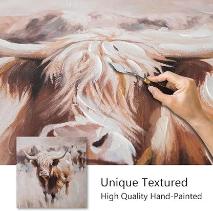 JolyWell Textured Highland Cow Canvas Wall Art Hand painted Farm Animals Painting Cattle Portrait Pictures Bedroom Decor Brown Cow Artwork for Bathroom Dining Room Kitchen Office Living Room 24x24IN