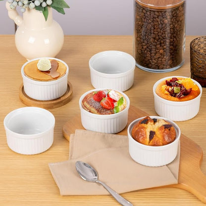 Yachi Ramekins White, 6 oz Ceramic Set of 6 Stoneware Bakeware for Souffle Sauces Dipping Onion Soup Lava Cake Flan Creme Brulee Kit Pudding Mini Custard Oven Safe