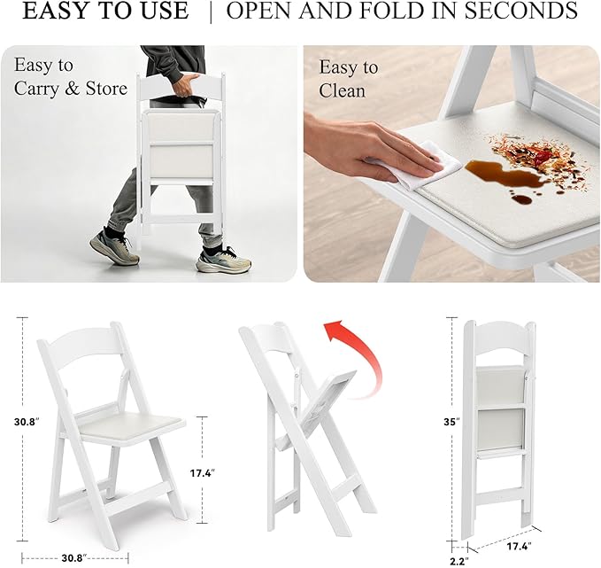 Nazhura Garden and Patio Folding Chair Set of 4 for Events and Wedding, Lightweight with Padded Seat, Water-Proof, Double Braced Frame, Non-Slip Feet, 900LB Capacity (White)