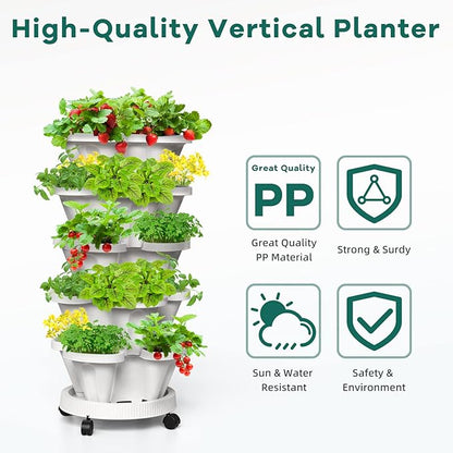 Strawberry Vertical Planters, 3 Tiered Stacking Tower Garden, Stackable Herb Vegetable Planters with Movable Casters and Bottom Saucer Indoor and Outdoor - White