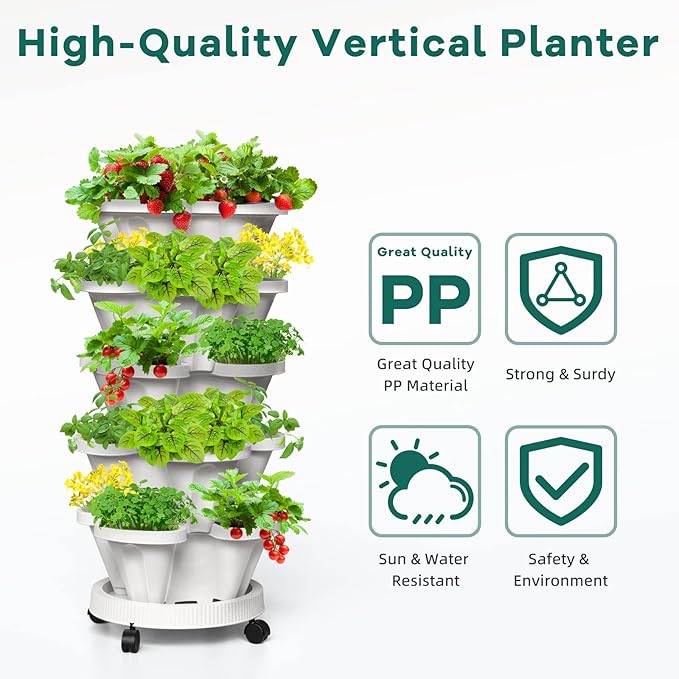 Strawberry Vertical Planter, Stacking Garden Tower, 3 Tiered Stackable Herb Vegetable Planters with Movable Casters and Bottom Saucer Indoor and Outdoor - Black