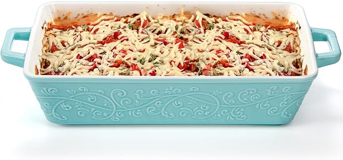 Okllen Set of 3 Casserole Dishes for Oven, Ceramic Baking Dishes with Handles, Rectangular Lasagna Pan Bakeware Set for Baking Cooking, Roasting, Broiling, Gratin, Wedding & Housewarming Gift, Blue