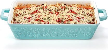 Okllen Set of 3 Casserole Dishes for Oven, Ceramic Baking Dishes with Handles, Rectangular Lasagna Pan Bakeware Set for Baking Cooking, Roasting, Broiling, Gratin, Wedding & Housewarming Gift, Blue
