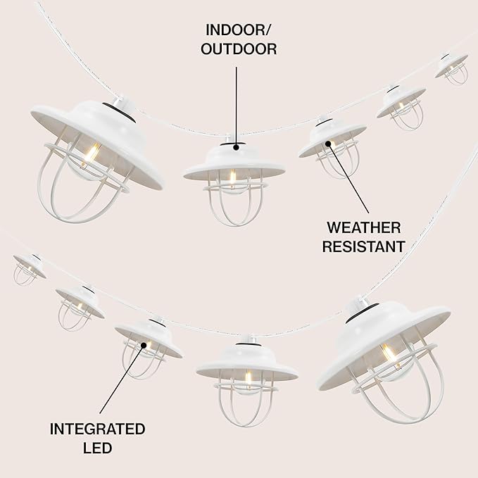 JONATHAN Y JYL8703B 10-Light Indoor/Outdoor 10 ft. Rustic Farmhouse Incandescent G40 Metal Cage Shade String Lights Contemporary, Transitional, Modern, Patio, Porch, Backyard, White