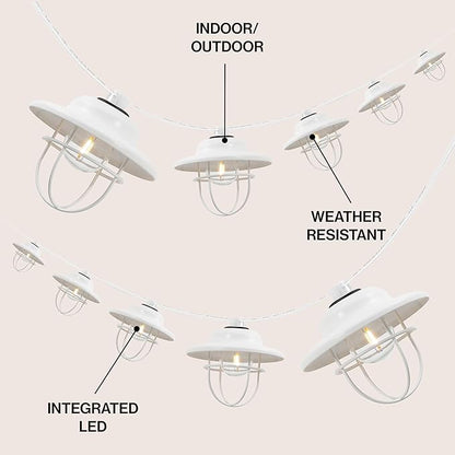 JONATHAN Y JYL8703B 10-Light Indoor/Outdoor 10 ft. Rustic Farmhouse Incandescent G40 Metal Cage Shade String Lights Contemporary, Transitional, Modern, Patio, Porch, Backyard, White